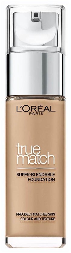 L'Oréal Paris True Match foundationflesje met pompje, heldere verpakking met beige foundation.