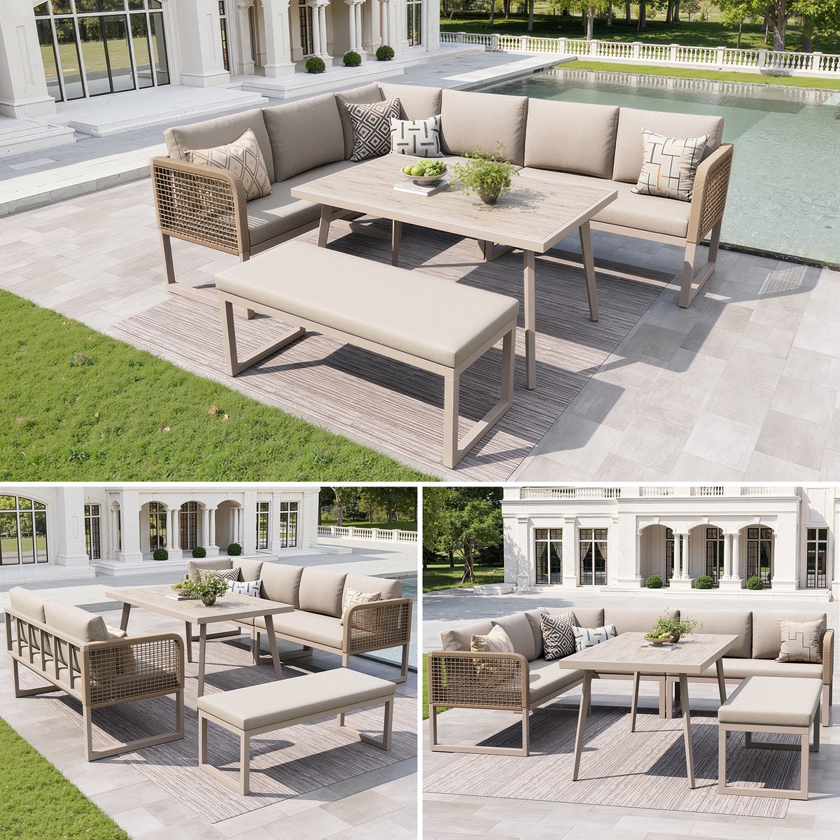Tuinset met hoogwaardige zit- en rugkussens, tuinfauteuilset voor 6-8 personen, handgevlochten PE-rotan loungeset, weerbestendig terras sofa-set, beige
