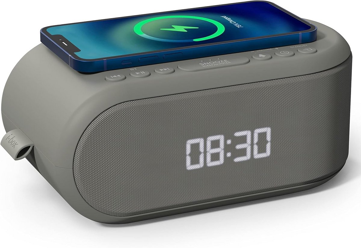 Draadloze Oplaadwekker met Bluetooth Luidspreker en FM Radio - Nachtkastje Wekker met Qi Charging en Dimbare Display