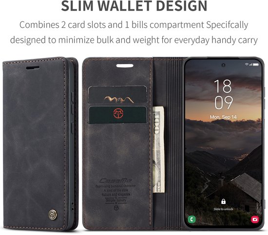 Zwarte lederen telefoonhoes in boekstijl, geopend met 2 kaartsleuven en geldvak. Toont kaarten en contant geld.