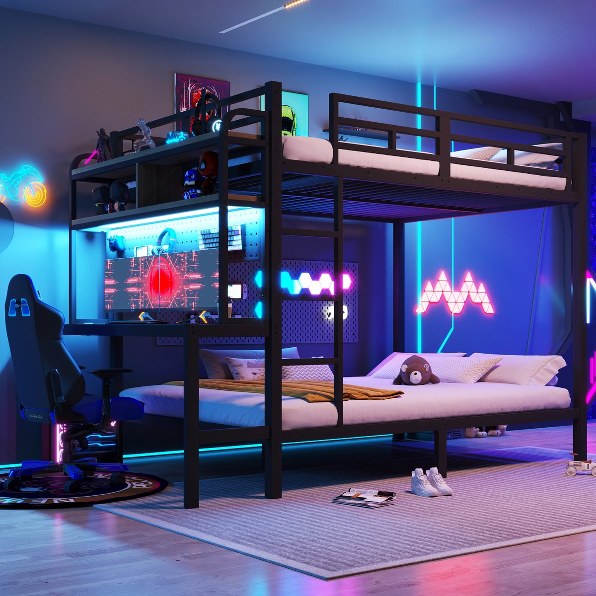 Stapelbed 140x200 cm - Met Bureau En LED Lichtstrip - Usb En Veiligheidshek - Metaal - Zwart