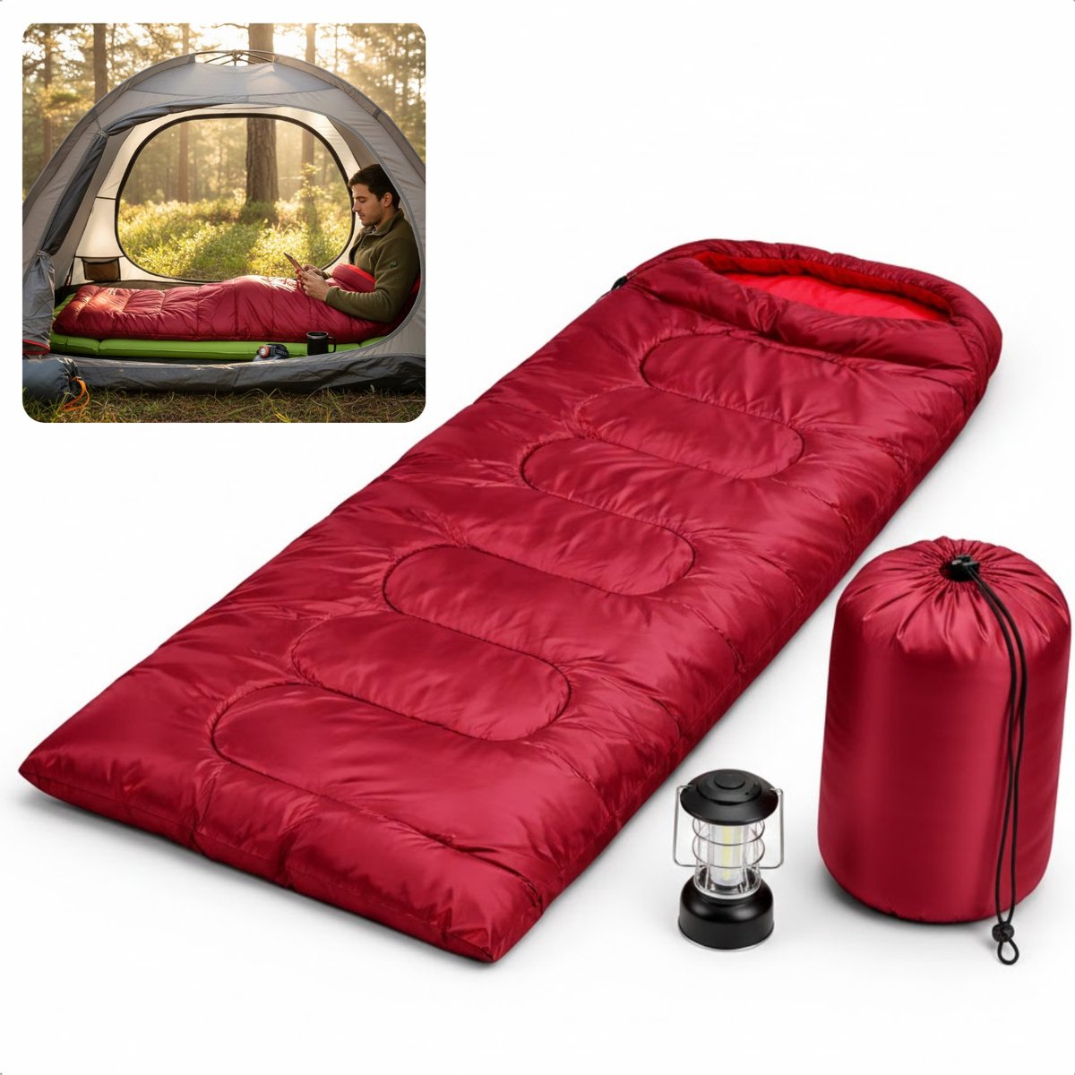 Cheqo® Envelop Slaapzak - Deken Slaapzak - Slaapzak Volwassenen - Zomerslaapzak - Lente Slaapzak - Camping Slaapzak - Kampeer Slaapzak - Festival Slaapzak - Slaapzak Wandelen - Slaapzak Hiken - Rode Slaapzak