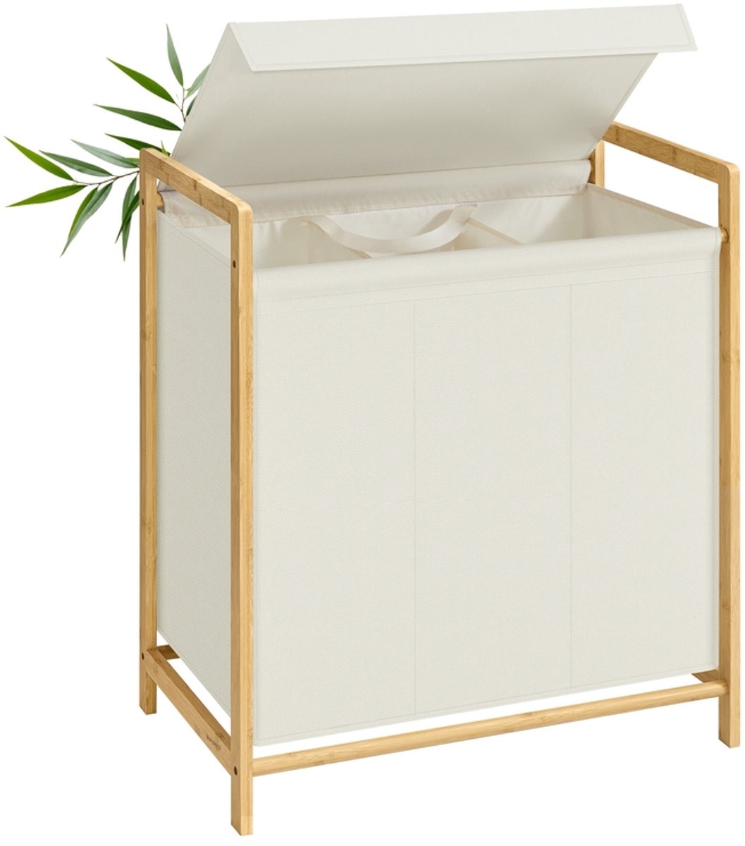Wasmand – Bamboe frame – 2 compartimenten – Afneembaar deksel – 100 L – Crèmewit – 65 x 40 x 78 cm