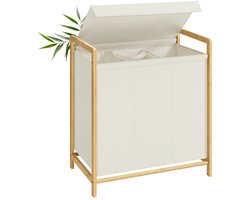 Wasmand – Bamboe frame – 2 compartimenten – Afneembaar deksel – 100 L – Crèmewit – 65 x 40 x 78 cm