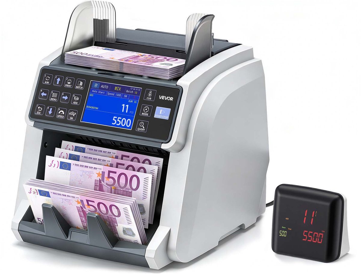 VEVOR Geldtelmachine, Bankbiljettenteller met Uv/Mg/Ir/Dd/Dbl/Hlf/Chn-Detectie van Vals Geld, Led-Display, Waardeteller, Ondersteunt Meerdere Valuta en Gemengde Bankbiljetten, Max. 1500 Bankbiljetten/Min.