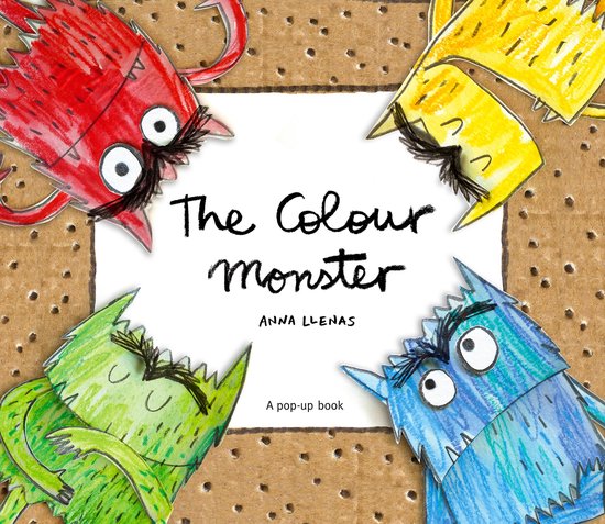 Boekcover van 'The Colour Monster' met vier kleurrijke monsters: rood, geel, groen en blauw. Tekst: The Colour Monster, Anna Llenas, A pop-up book.