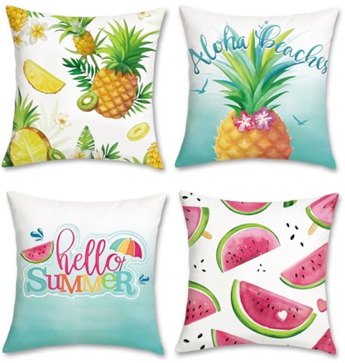 Ultiluxe® Kussenhoezen - 4 Stuks - Sierkussenslopen - Decoratieve Kussenhoes - 45 x 45 cm - Fluweel Stof - Watermeloen Ananas Print - Blauw/Groen/Wit/Roze