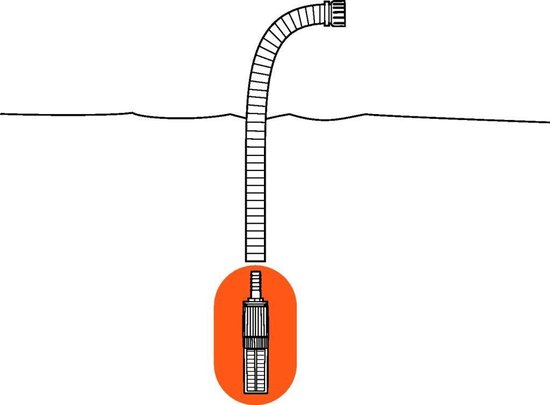 Illustratie van een GARDENA aanzuigfilter onder water aan een slang.