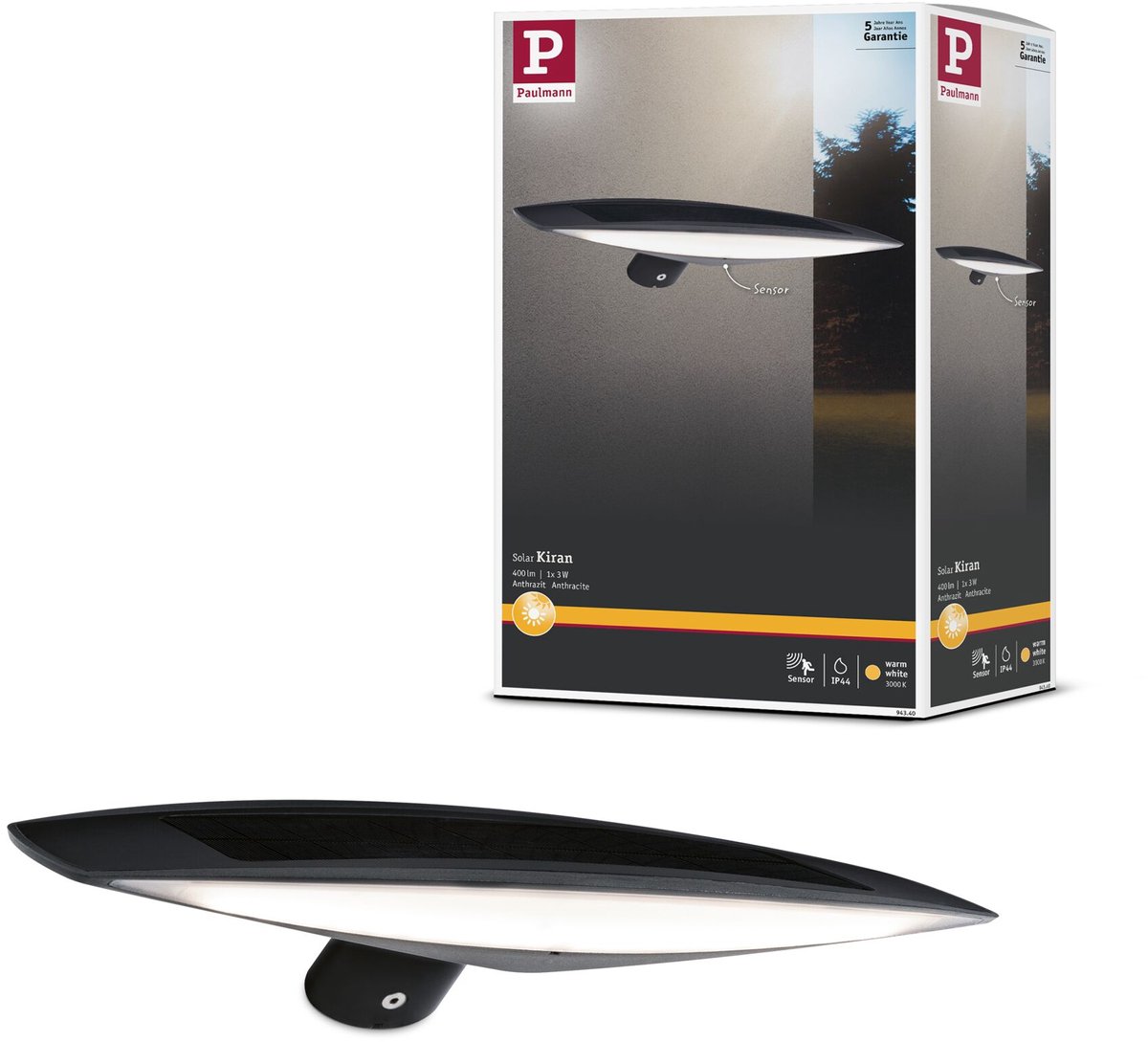 Solar LED-wandarmatuur voor buiten Kiran Bewegingsmelder IP44 3000K 180lm Antraciet