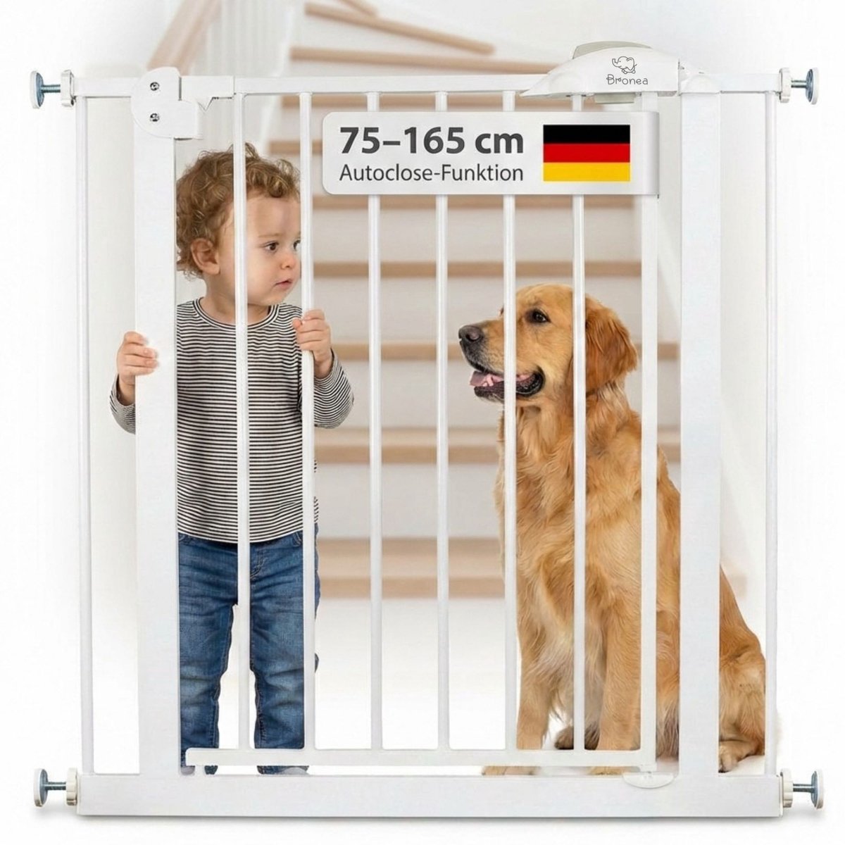 BRONEA® CLEO Traphekje zonder boren 96-103 cm | verlengbaar tot 165 cm | Deurhek & Traphek om te klemmen | Auto-Close, 90° stop, aan beide zijden te openen | Kinderbeveiliging voor trap & deur