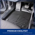 Zwarte 3D-autmatten met groeven en het Elmasline-logo, geplaatst in een auto-interieur.