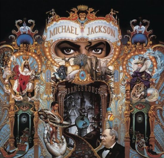 Het album 'Dangerous' van Michael Jackson, met een afbeelding van zijn ogen boven het woord 'Dangerous' in een versierde lijst met figuren.