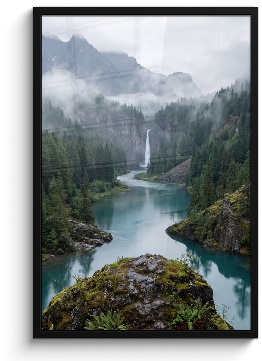 FrameYourWall Poster in lijst - Fotolijst 60x90 cm - Posters - Waterval - Bomen - Bergen - Posterlijst zwart - Decoratie - Wanddecoratie woonkamer - Muurdecoratie slaapkamer