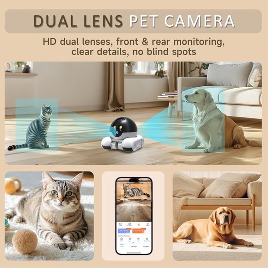 Robot Huisdier Camera - 1080p Mobiele Binnenbeveiliging - 2.4GHz WiFi - Tweerichtingsaudio - 360° Bewegingsdetectie - Met 32GB SD Kaart - 5200mAh Batterij - Kleurnachtzicht - Voor Katten en Honden van Merkloos — afbeelding 2