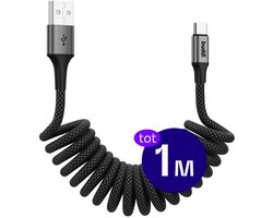 Buddi Flex | Uitrekbare USB-A naar USB-C Krul Kabel 12W Fast Charge 5V/2.4A | 480Mbps Dataoverdracht | Gevlochten Elastisch Nylon | Krulsnoer | Spiraalkabel | Voor in de auto | 1M | 1 Meter | Zwart
