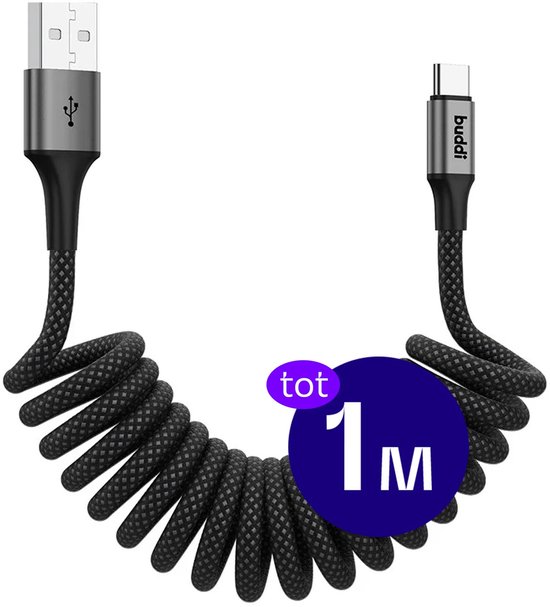 Buddi Flex | Câble USB-A extensible vers USB-C Curl 12W Charge Fast 5V/2,4A | Transfert de données 480 Mbps | Nylon élastique tressé | 1M Zwart