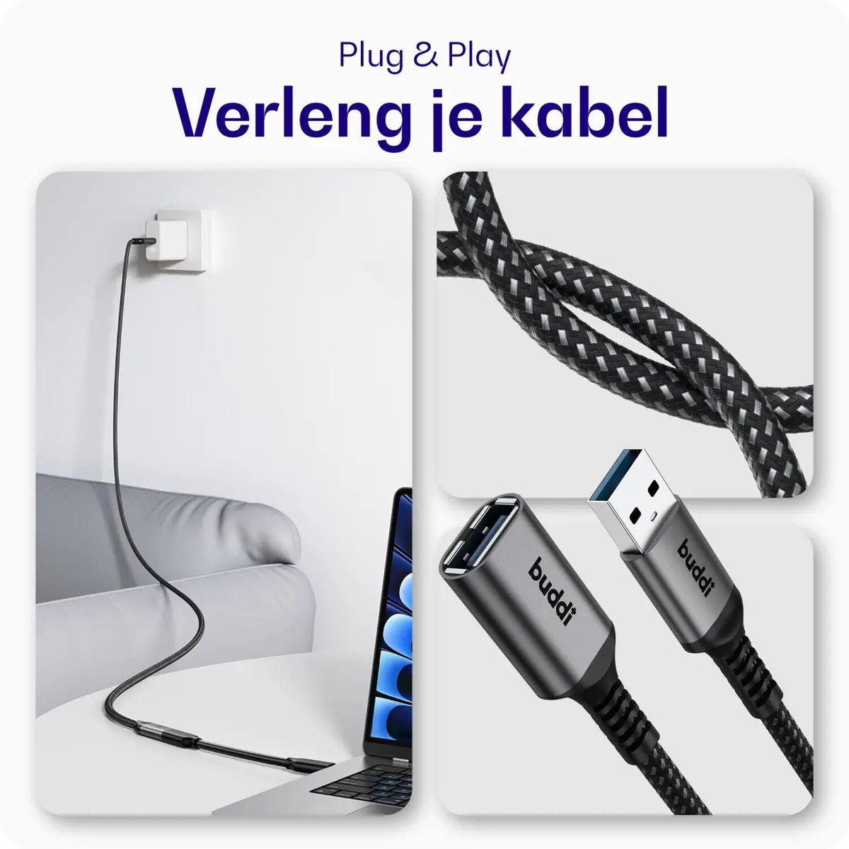 Buddi Flex | USB-A naar USB-A Verlengkabel | USB 3.0 | Female naar Male | Geschikt voor printers, telefoon, USB-sticks, harde schijven en meer | USB Verlengsnoer | Gevlochten Nylon | 4.5M | Zwart – foto 2