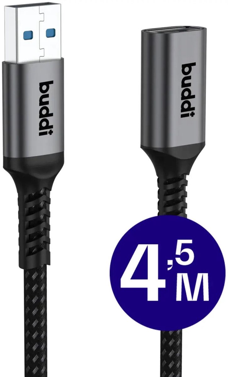 Buddi Flex | USB-A naar USB-A Verlengkabel | USB 3.0 | Female naar Male | Geschikt voor printers, telefoon, USB-sticks, harde schijven en meer | USB Verlengsnoer | Gevlochten Nylon | 4.5M | Zwart