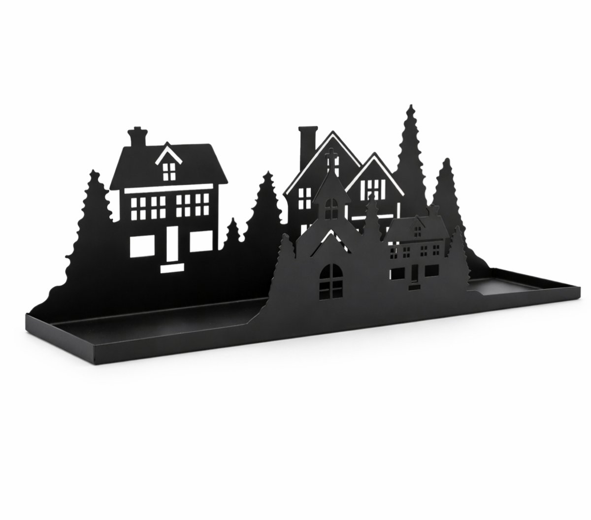 Plateau Kaarsenhouder Kerst Zwart – Metalen Kerstdecoratie met Dorpssilhouet – 40 x 9 x 14 cm – Plateau voor Kaarsen en Waxinelichtjes