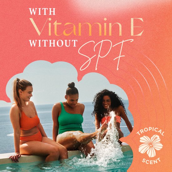 Drie vrouwen in badkleding bij een zwembad. Tekst: With Vitamin E, Without SPF. Tropical Scent.