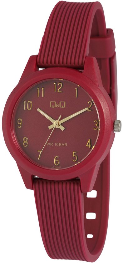 Rood dameshorloge van Q&Q met gouden wijzers en cijfers, 31 mm kast, WR 10 BAR