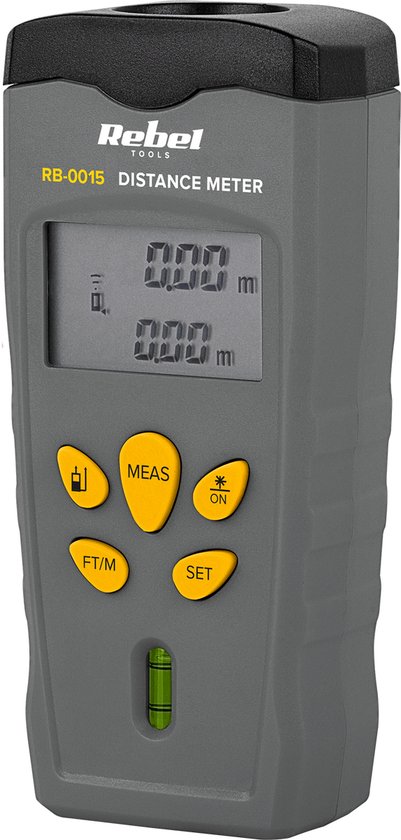 Grijze Rebel RB-0015 afstandsmeter met geel display, drie gele knoppen en een ingebouwde waterpas.