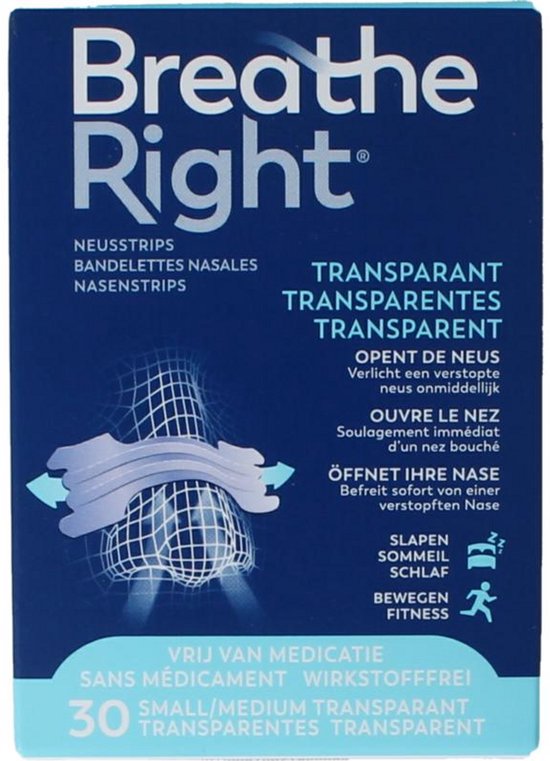 Bandes nasales anti Snurk Breathe Right - Dilatateur nasal - Pansements nasaux anti- Snurk - Peaux sensibles - Petit/ Medium 30 pièces - Transparent - Bon sommeil - Doux pour la peau - Idéal en cas de rhume et d'allergies