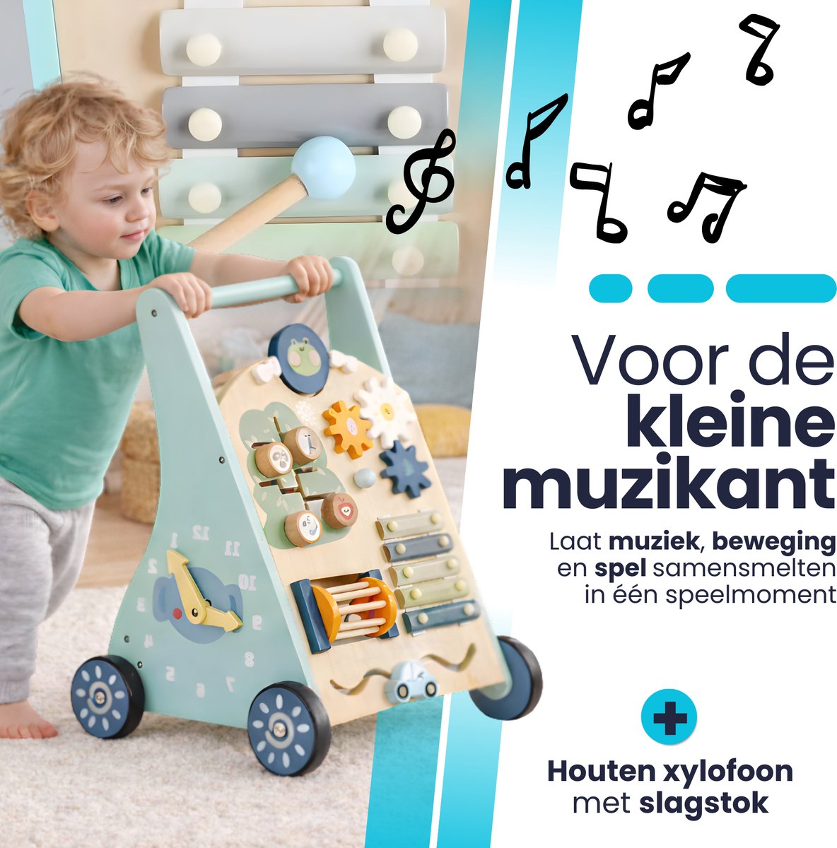 Laavir Activiteiten loopwagen - Houten Loopwagen voor Baby's - Montessori Activiteitenwagentje met Spelletjes en Klok - Mintblauw - FSC Gecertificeerd - 1 Jaar+ — afbeelding 10