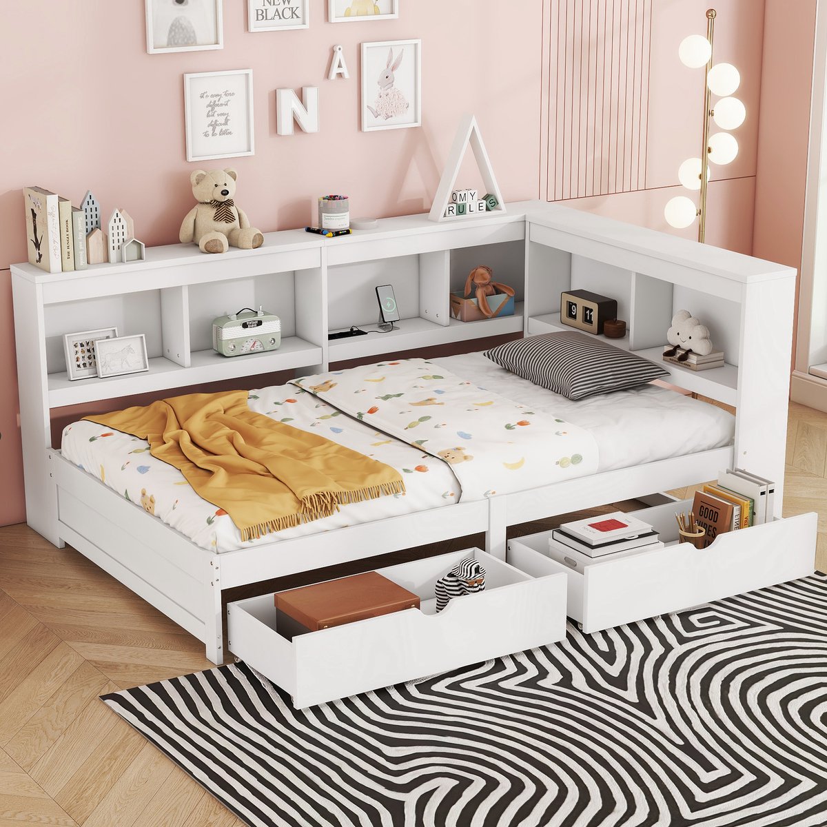 Wishdor Daybed 90x200 cm – Stopcontact en 2 USB – 2 Lades – Opbergvakken – Spaanplaat en MDF – Wit