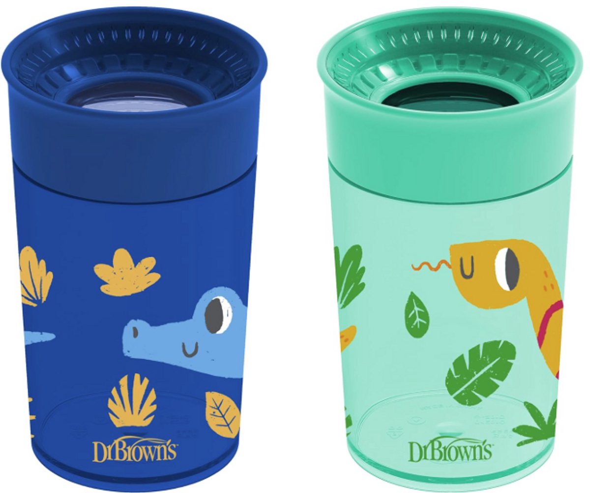 Dr. Brown’s Milestones Cheers 360° Spoutless Drinkbeker 300 ml – Lekvrije Oefenbeker Zonder Tuit voor Baby & Peuter – Reisvriendelijk met Deksel – Blue/Green – 2 Stuks