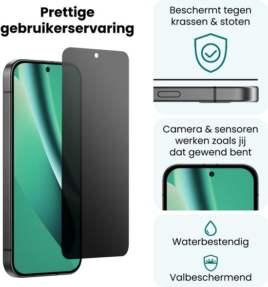 Zwarte screenprotector op smartphone. Beschermt tegen krassen, stoten, waterdicht en valbeschermend.