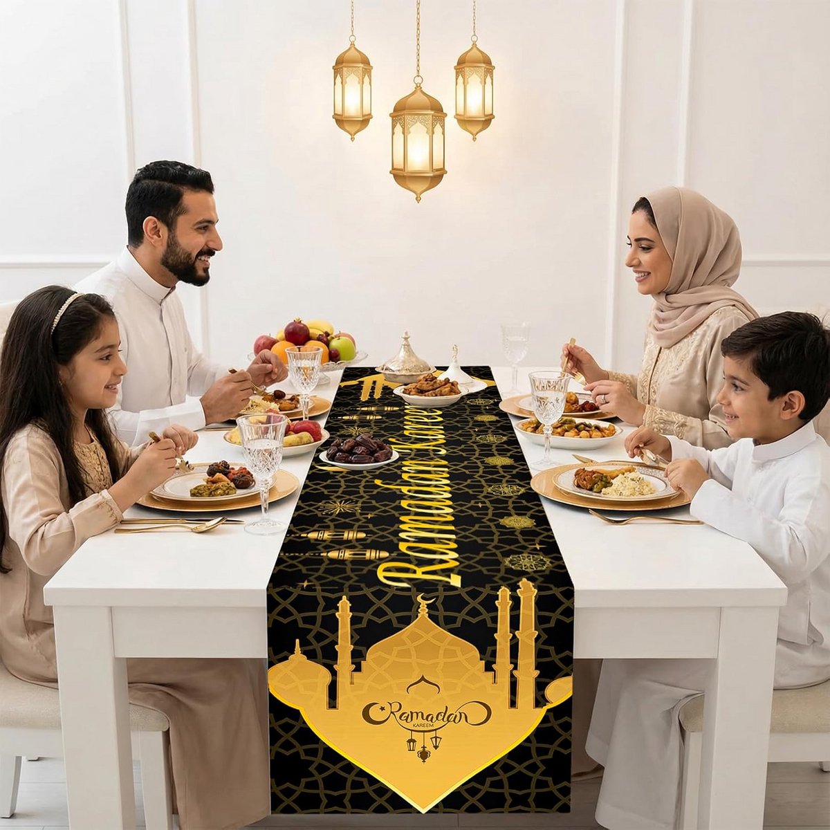 Tafelloper Ramadan Decoratie Zwart Goud Eid Mubarak Tafelkleed