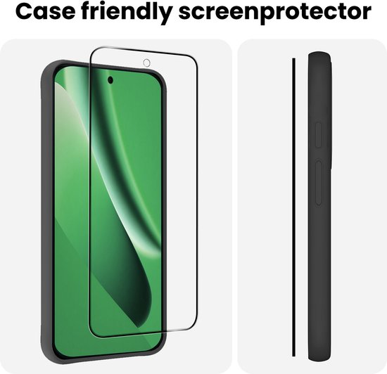 Case friendly screenprotector: glasplaatje op telefoon, zijaanzicht telefoon met hoesje.