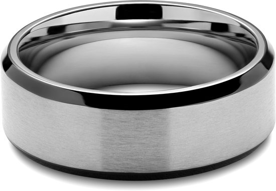 Zilverkleurige titanium ring met geborsteld middenstuk en glanzende randen.