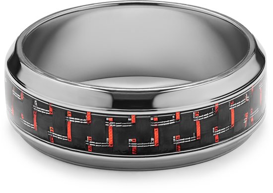 Zilverkleurige ring met een zwarte en rode koolstofvezelinleg met een geruit patroon.