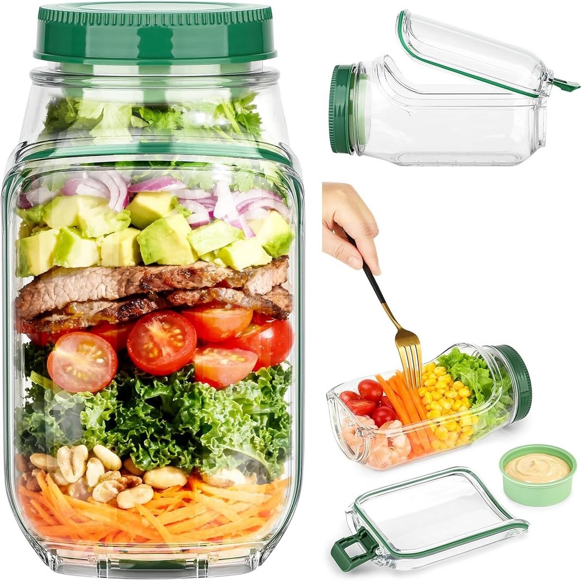 Stapelbare Salade Kom met Lekvrij Dressing Compartiment en Deksel