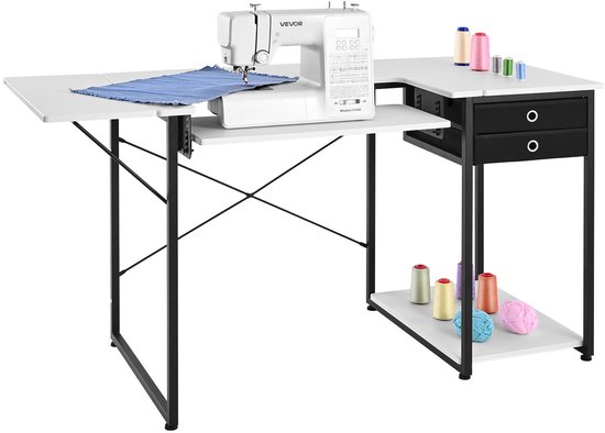 VEVOR Table à coudre, Table de machine à coudre avec plateau pliable, étagère réglable, pieds en acier et tiroir ; Table multifonctionnelle, bureau informatique pour la maison, studio de mode, studio d'art, établissement d'enseignement