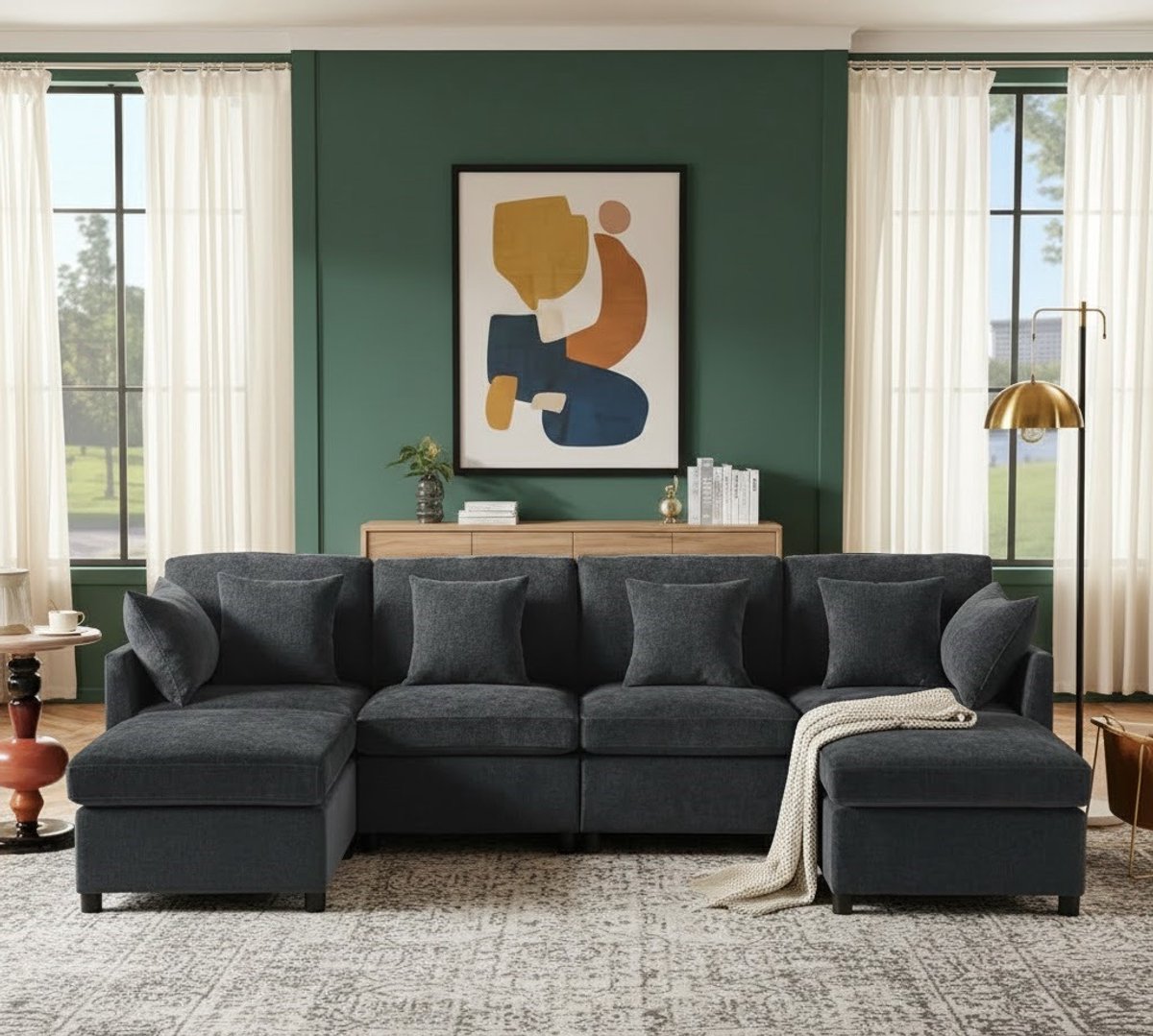 Modulaire Hoekbank Chenille met Voetenbank – Luxe L-Vormige 4-Zits Bank – Inclusief 2 Afne