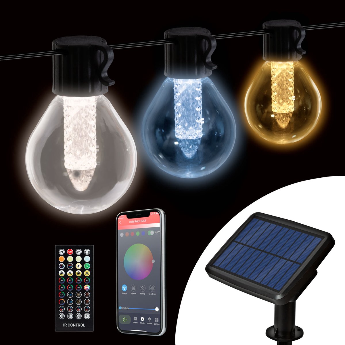 Smart Solar Lichtsnoer – 15 LED Lampen – Instelbare Kleurtemperatuur – 7,5 M – Met Bluetooth App En Afstandsbediening – Zonne-Energie En USB Oplaadbaar – Voor Tuin, Terras En Buitenverlichting [11743]