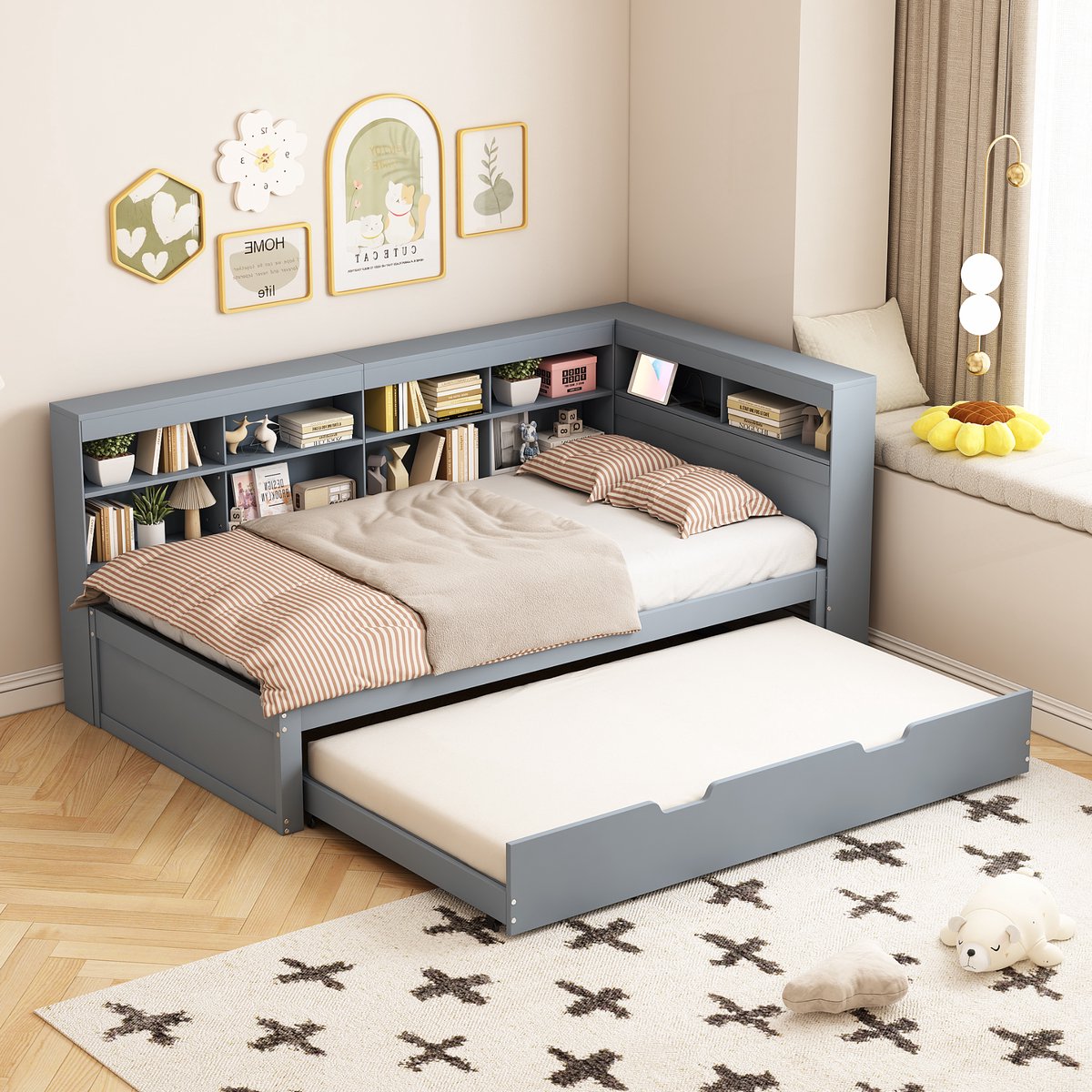 MIVRAY Bedbank 90x200 cm - Uitschuifbed 90x190 Met USB Oplaadpunt En Opbergvakken - Voor Slaapkamer En Logeerkamer - Hout - Grijs - Zonder matras