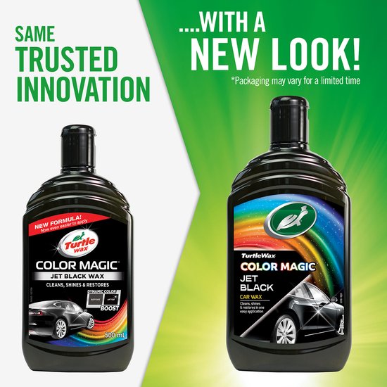 Twee flessen Turtle Wax Color Magic Jet Black Wax, een met de oude en een met de nieuwe verpakking.