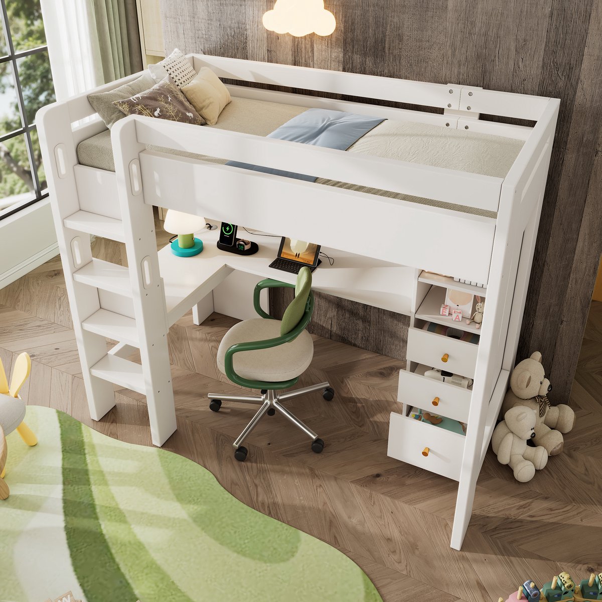 MIVRAY Hoogslaper 90x200 Cm - Met Hoekbureau, Regalen En Lades - Ruimtebesparend Voor Kinderkamer - Hout - Wit - Zonder Matras