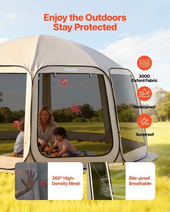 VEVOR Campingtent, 457,2 x 420,6 x 245 cm, feesttent voor 12-15 personen, pop-up tent, incl. draagtas, gaaswanden en haringen, voor tuin, terras en buitenactiviteiten, beige van Merkloos — afbeelding 2