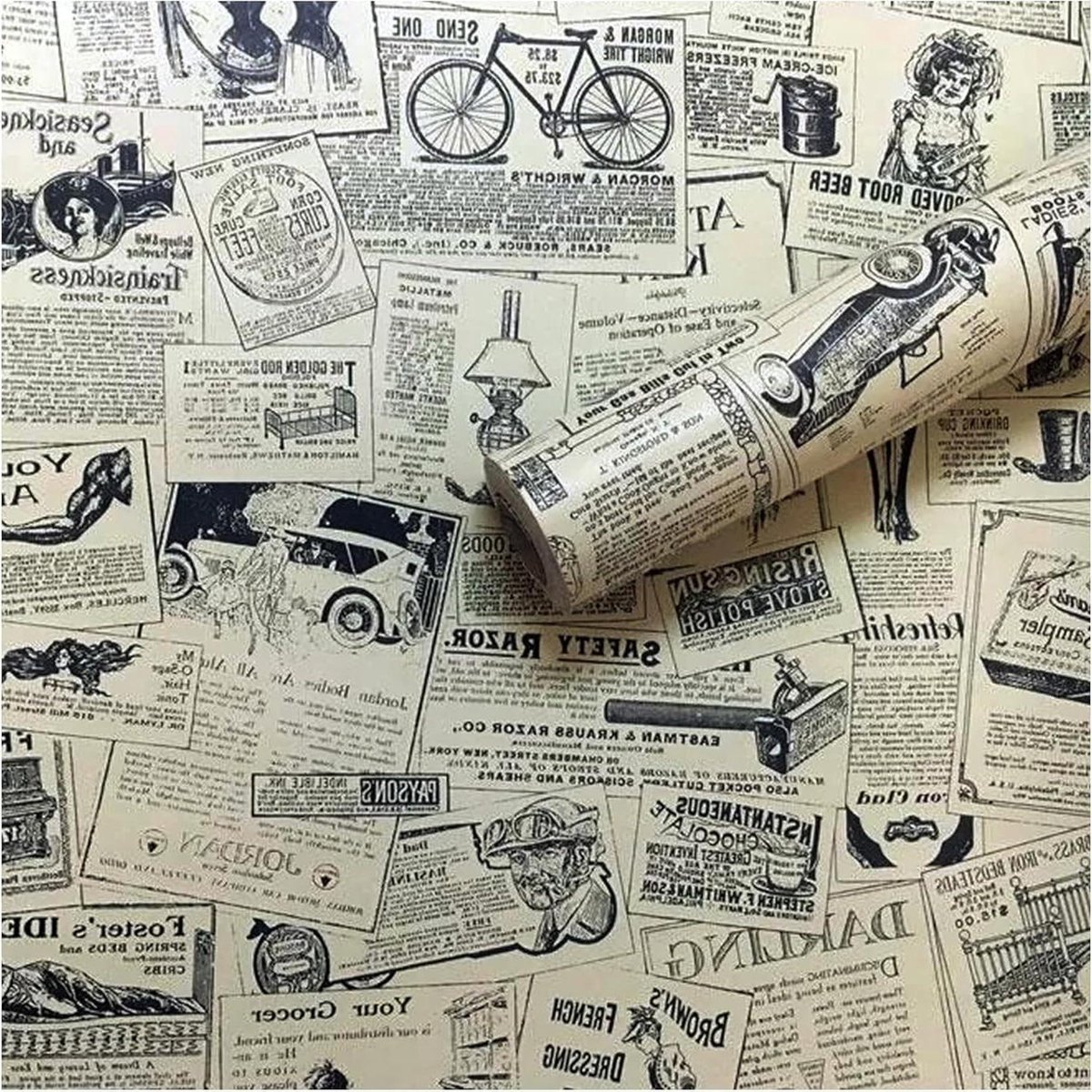 Decoratief vintage behangschil achtergrondrol voor ladekast - 0,45 mx 10 m, krantenprint