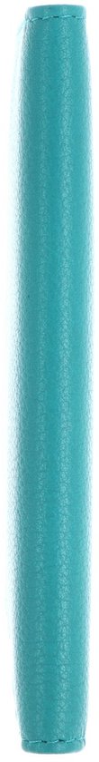 Zijaanzicht van de turquoise leren portemonnee.
