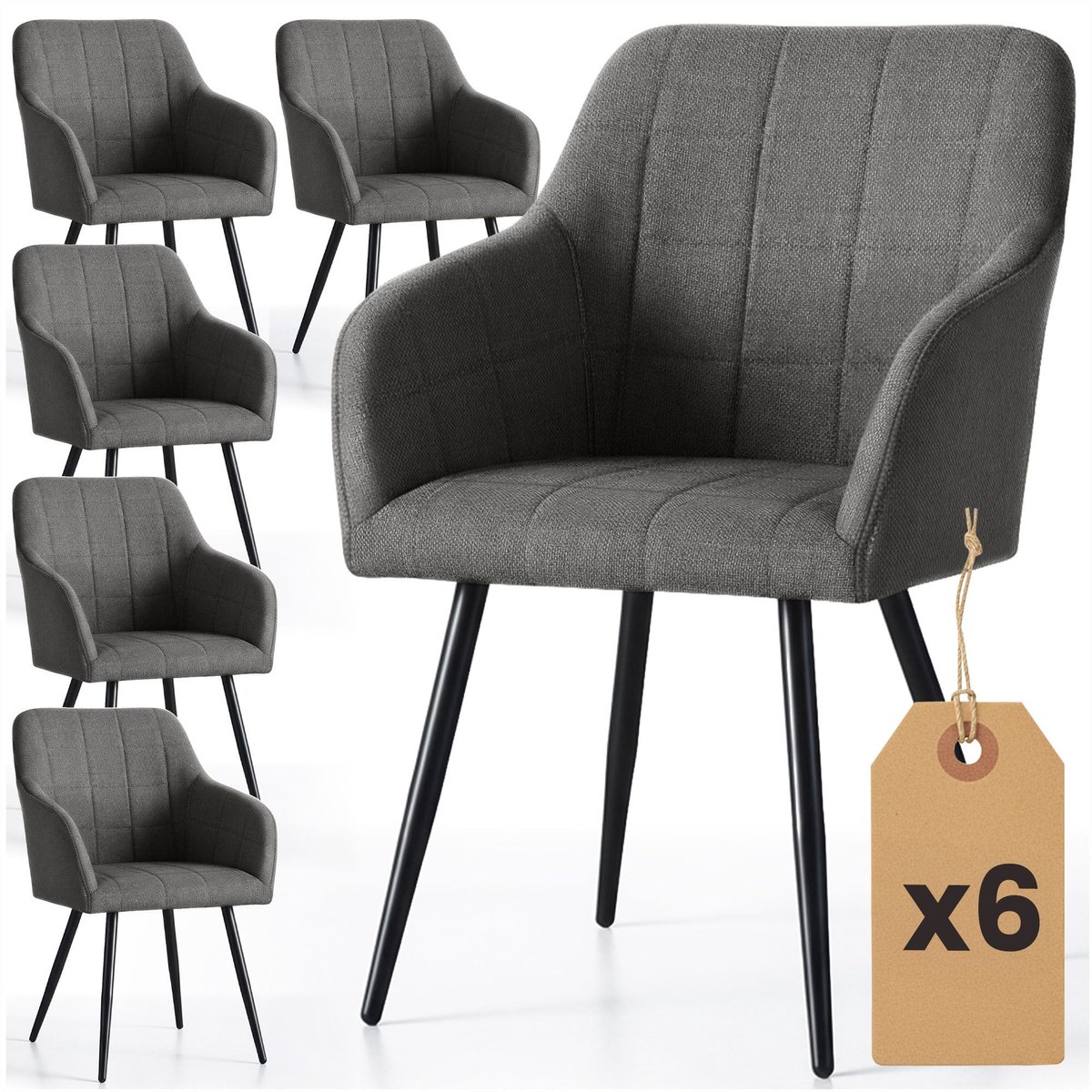 Set van 6 Eetkamerstoelen LUXANO met Armleuningen / Gestoffeerde Stoelen en Metalen Poten / Lumos-stof / Antraciet met zwarte benen