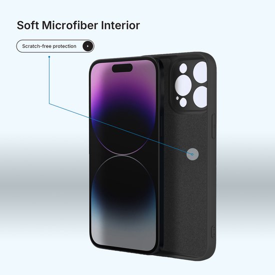Black phone case with a soft microfiber interior, next to a phone.