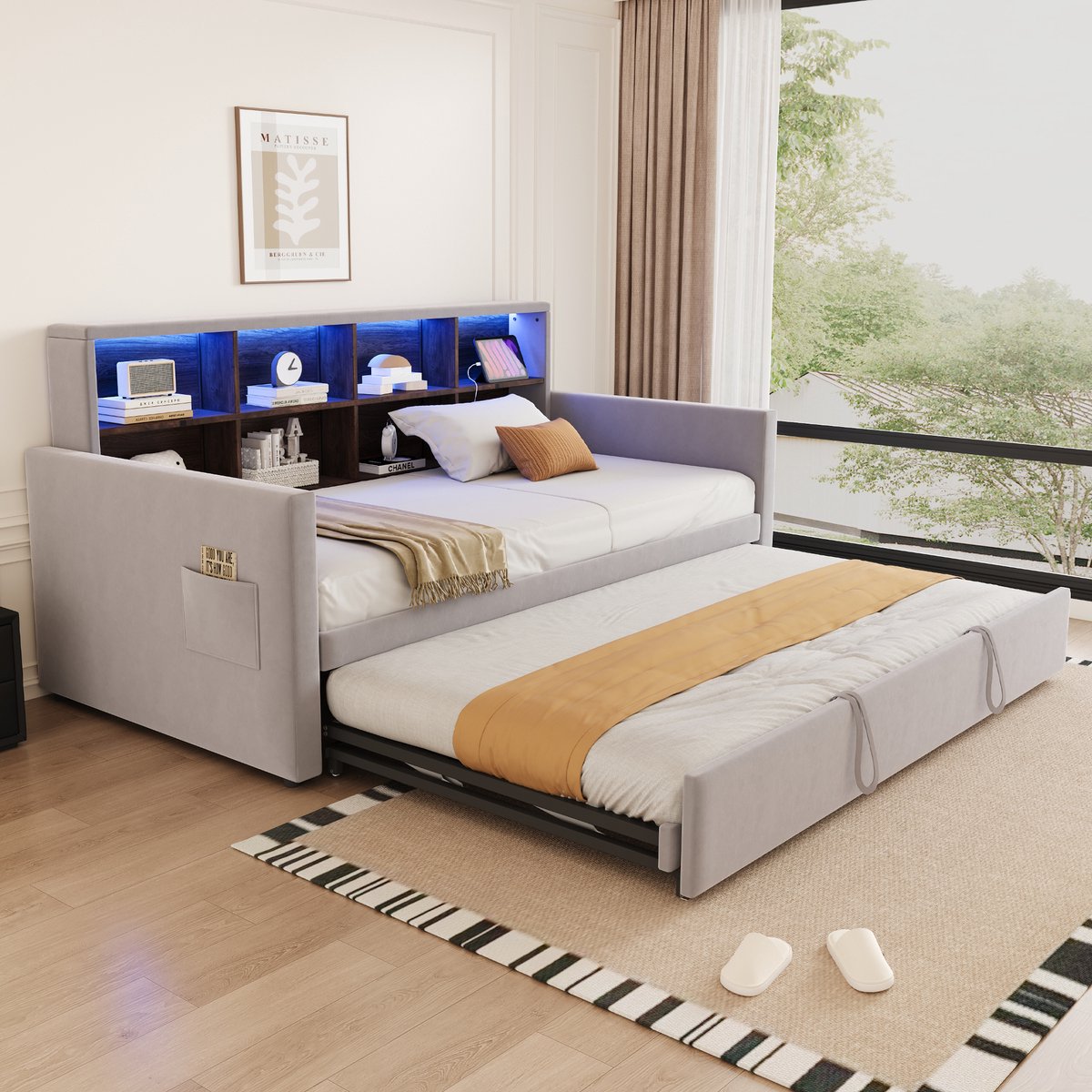 MODFU Bedframe 90x190 cm – Lichtgrijs fluweel – Uitschuifbaar onderbed – LED & stopcontact – USB & Type-C – 300 kg