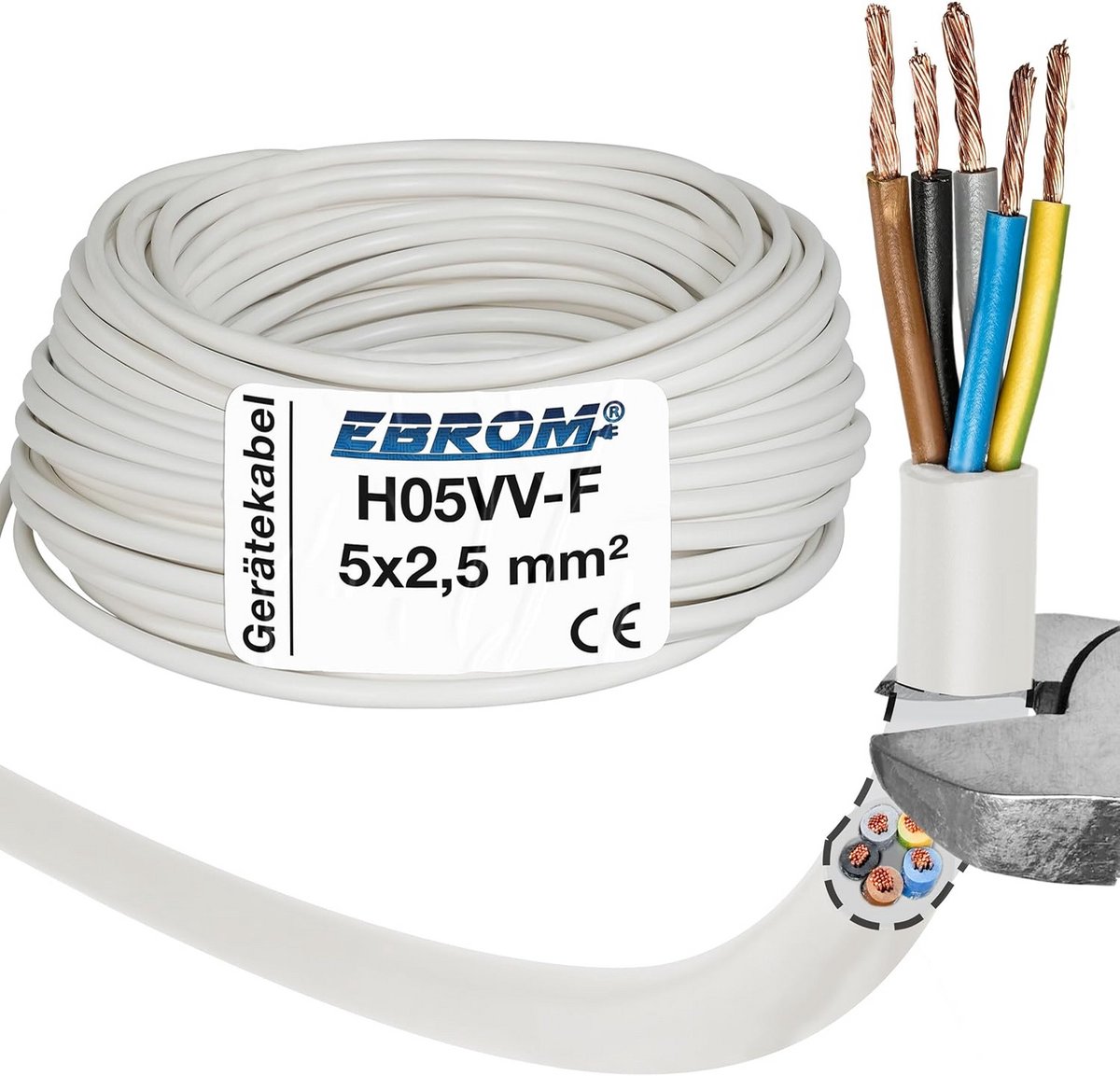 Kookaansluitkabel H05VV-F 5G2.5 mm² Wit - Diverse Lengtes