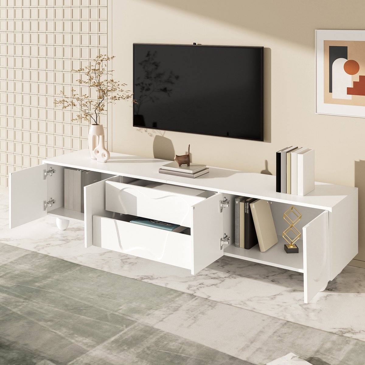 HAUSS SPOLE Tv Meubel - Minimalistisch Design Met Veel Opbergruimte - Voor Woonkamer - Spaanplaat Met Massief Houten Poten - Wit - 180x40x42 Cm Zwart